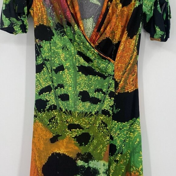 VIVIENNE TAM Size Large Green Abstract Splatter Print 100% Silk Faux Wrap Dress - Picture 5 of 10